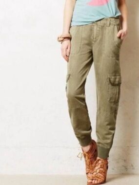 Anthropologie Marrakech Olive Green Cargo Joggers Zip Ankle Utility Pants 28